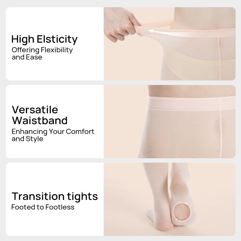 MANZI Women's Solid Color Comfortable Convertible Ballet Tights 3 Pairs Pack L-XL, Ballet Pink - Image 2